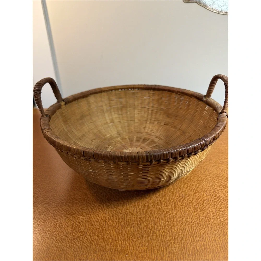 Vintage Round Natural Brown Wood Woven Wicker 2 Handles Basket 12